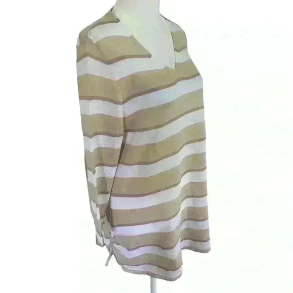 Chicos Lightweight Pullover V neck Sweater Size M Tan White Stripes Hip Ties - Picture 3 of 11